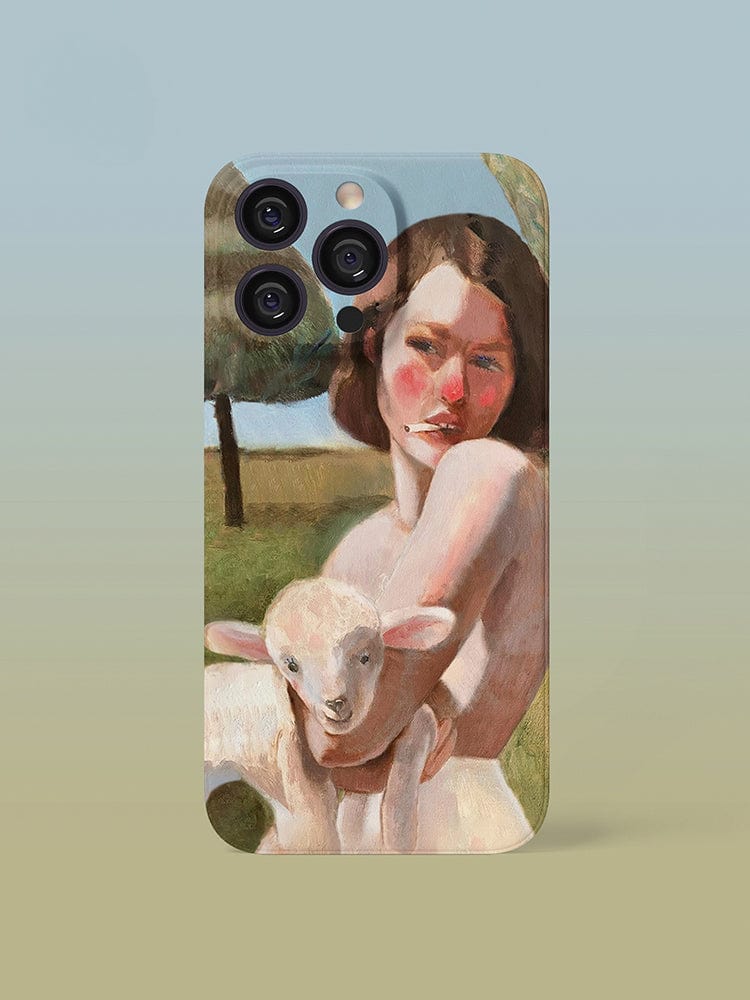 The Pastoral Art iPhone 16 Pro Max Case - Vintage-Inspired Design with a Modern Twist features an artistic print of a person holding a lamb against a serene landscape with a blue sky and trees. The individual's face and the lamb are depicted in a soft, classical style with subdued tones.