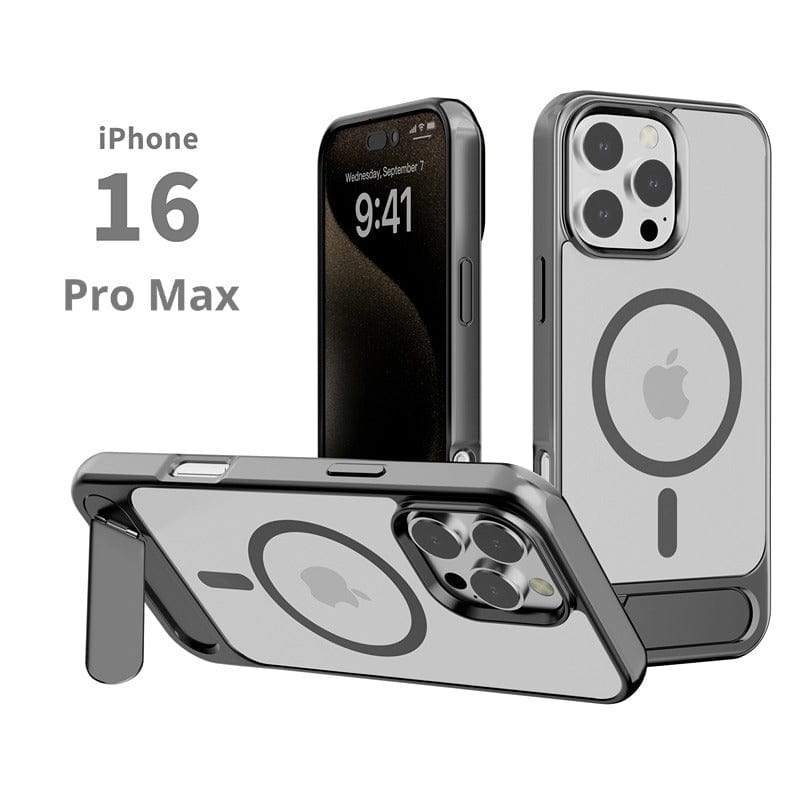 Two iPhone 16 Pro Max devices are shown. One stands upright, displaying the time 9:41, while the other lies horizontally beside a sleek MagSafe Compatible iPhone 16 Pro Max Case with Kickstand. The showcased device reveals its back with a circular design and Apple logo.