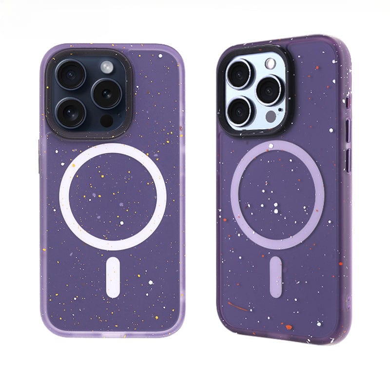 Two Speckled MagSafe iPhone 16 Pro Max cases with a matte finish, featuring a splattered paint design and circular magnetic charging symbols, are displayed on a white background.