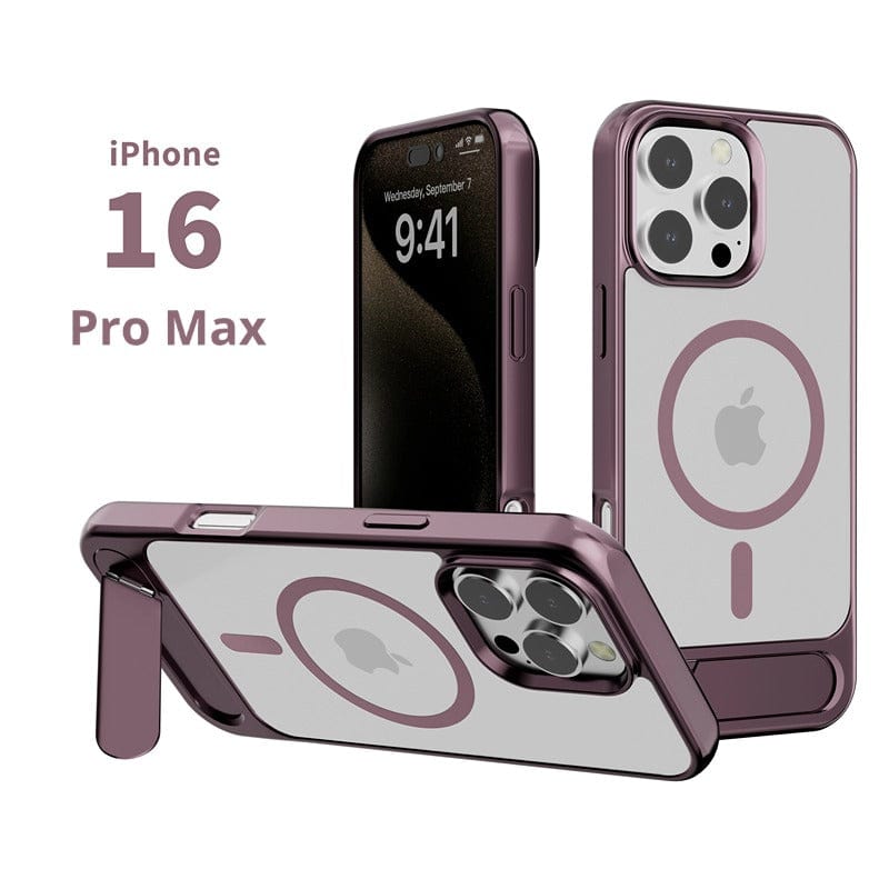 Three images showcasing an iPhone 16 Pro Max. One is a front view displaying the screen, and two are back views highlighting the MagSafe Compatible iPhone 16 Pro Max Case with Kickstand in different purple colors with a circular design.