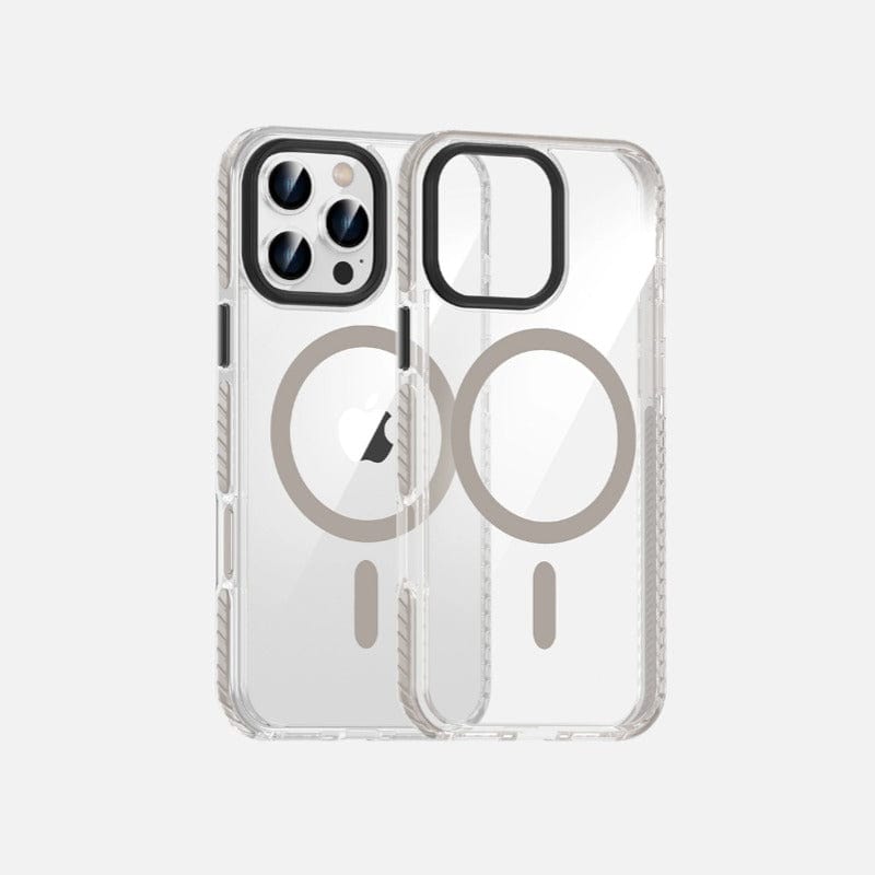 Two iPhone 16 Pro Max Clear MagSafe Cases, made with shockproof TPU+PC material and featuring air cushion corners and metal buttons, include cutouts for the camera and charging port. The MagSafe compatibility is indicated by circular designs on the back.