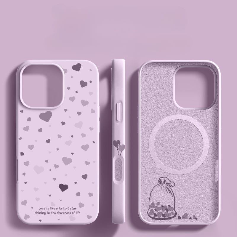 A photo displaying three views of an iPhone 16 Pro Max case in pastel purple, adorned with a heart pattern and a printed quote, showcasing the bag design. This food-grade silicone case is engineered with precise cutouts for buttons and the camera, offering durability through its dust-resistant liquid silicone construction, shockproof design, and anti-fingerprint coating.