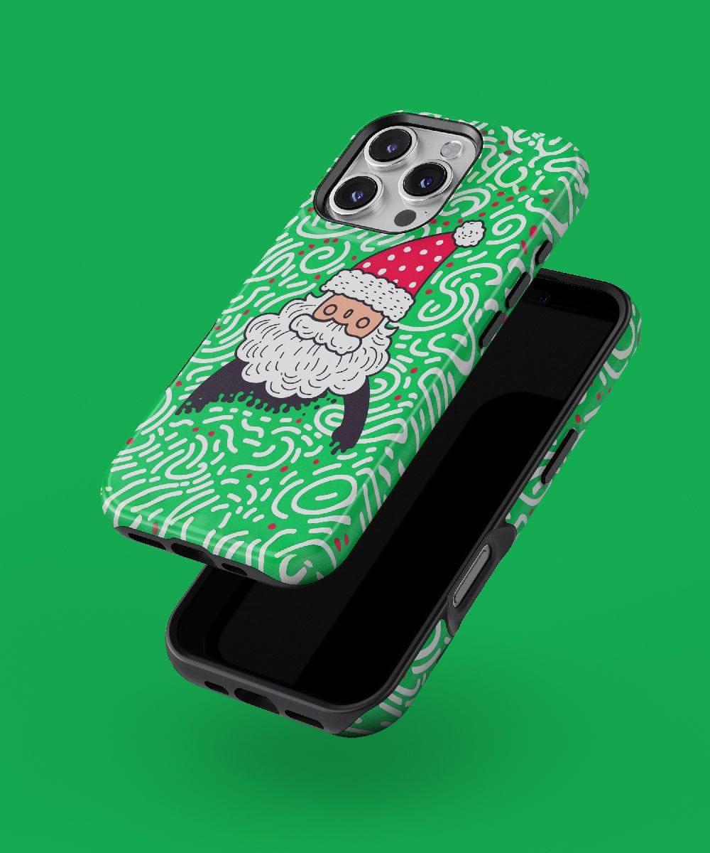 The iPhone 16 Pro Max paired with the Funky Santa iPhone Case – Vibrant Holiday Design stands out against a green background, seamlessly combining festive cheer with MagSafe-compatible convenience.