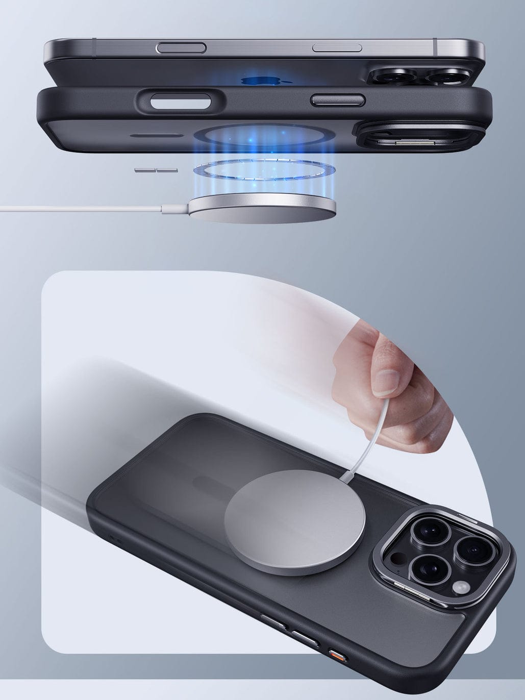 The MagSafe iPhone 16 Pro Max Case with Invisible Stand, made of TPU material for anti-scratch and drop protection, allows a magnetic wireless charger to seamlessly attach to the back of the smartphone, illustrating the alignment and connection process.