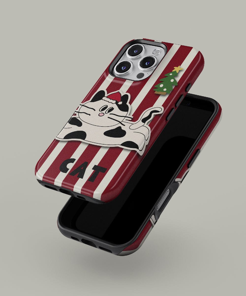 This iPhone 16 Pro Max case, named the Festive Striped Cat, features a playful holiday cat design with red stripes and is MagSafe compatible.