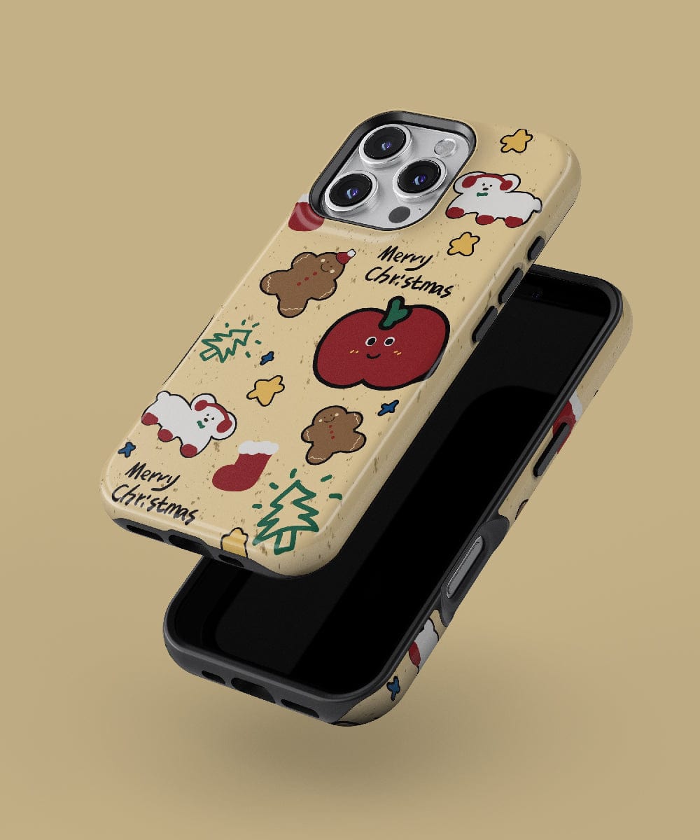 Embrace the festive spirit with the Cute Christmas Treats iPhone 16 Pro Max cases, featuring Santa, gingerbread figures, trees, and "Merry Christmas" on a beige background. These MagSafe-compatible cases provide dual-layer protection while keeping your phone stylishly festive.