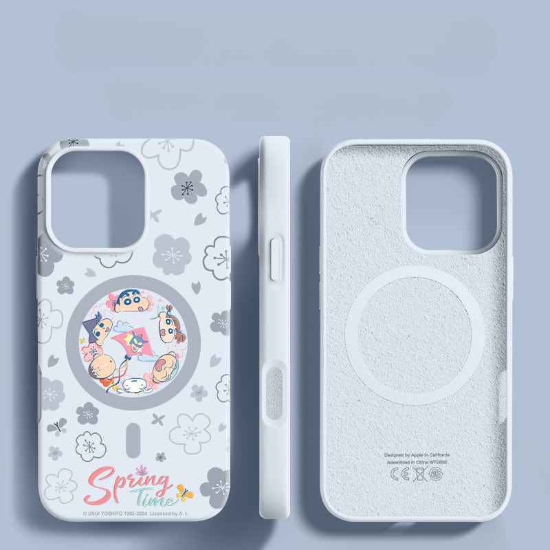 Two blue iPhone 16 Pro Max cases with spring-themed floral and character designs, showcasing front, back, and side views. The text "Spring Time" is visible at the bottom of one case. Both cases offer triple-layer shockproof protection and feature an anti-yellowing coating.