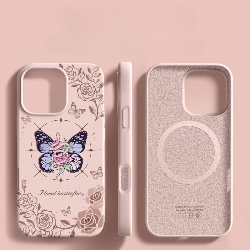 Three views of the iPhone 16 Pro Max Floral Butterfly Case, showcasing its vibrant butterfly and flower design. Crafted from premium liquid silicone material, one view displays the back, another highlights a side profile, and the third reveals the inner MagSafe-compatible surface with its triple-layer shockproof structure.