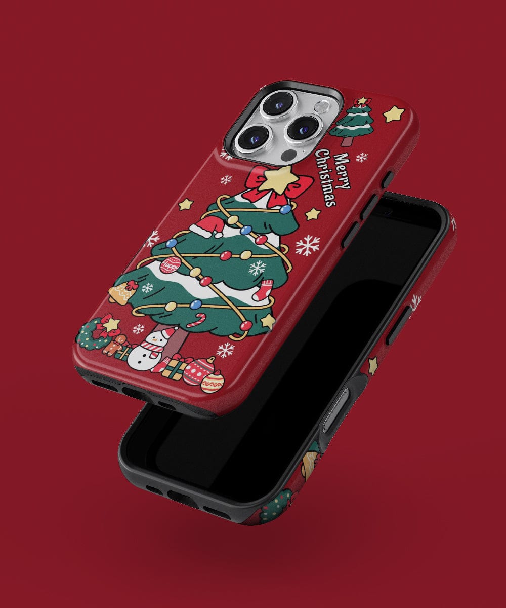 The Christmas Tree iPhone 16 Pro Max cases showcase holiday-themed designs with ornaments such as trees, gifts, and snowflakes on a vivid red backdrop. They offer dual-layer protection and are MagSafe compatible for effortless connectivity.