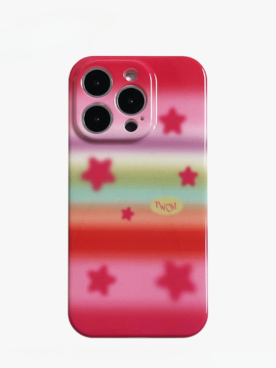 A vibrant Pink Starburst iPhone 16 Pro Max case showcasing a pastel rainbow gradient of pink, red, and yellow horizontal stripes. This cute all-inclusive protective cover is adorned with pink stars and the text "TWOM" in the center, while allowing the phone's triple camera setup to remain visible at the top.