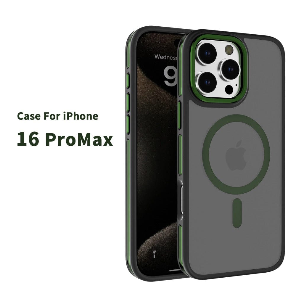 A sleek Soft-Touch iPhone 16 Pro Max Case with MagSafe, featuring a protective green rim and dual-color TPU design, elegantly showcasing the phone inside.