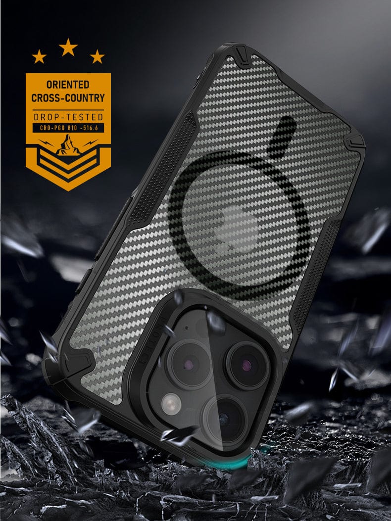 Check out the Lightweight MagSafe iPhone 16 Pro Max Case, showcasing its TPU+PC material and shockproof air cushion. The case's impact-resistant design is highlighted against a backdrop of shattered glass, underscoring its protective strength.