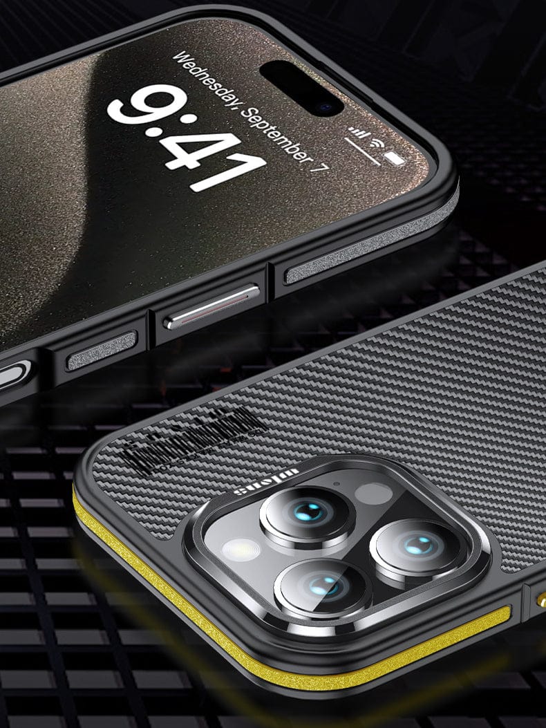 Close-up image of two iPhone 16 Pro Max devices, each encased in a 600D Aramid Fiber Shockproof Cover from the N52 Magnetic MagSafe Case collection; one displaying the lock screen with time and date, and the other showcasing the triple camera setup on its back.