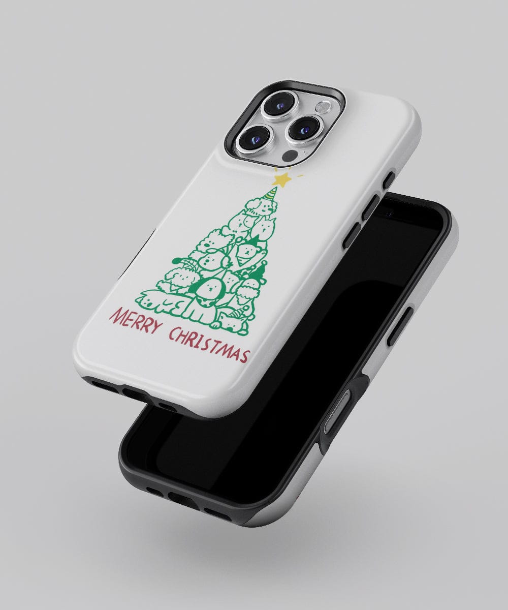 A pair of iPhones dressed in Cute Animal Christmas Tree Cases for the iPhone 16 Pro Max, displaying a minimalist festive and fun design with "Merry Christmas" text on a light gray background, perfectly MagSafe compatible for seamless charging.