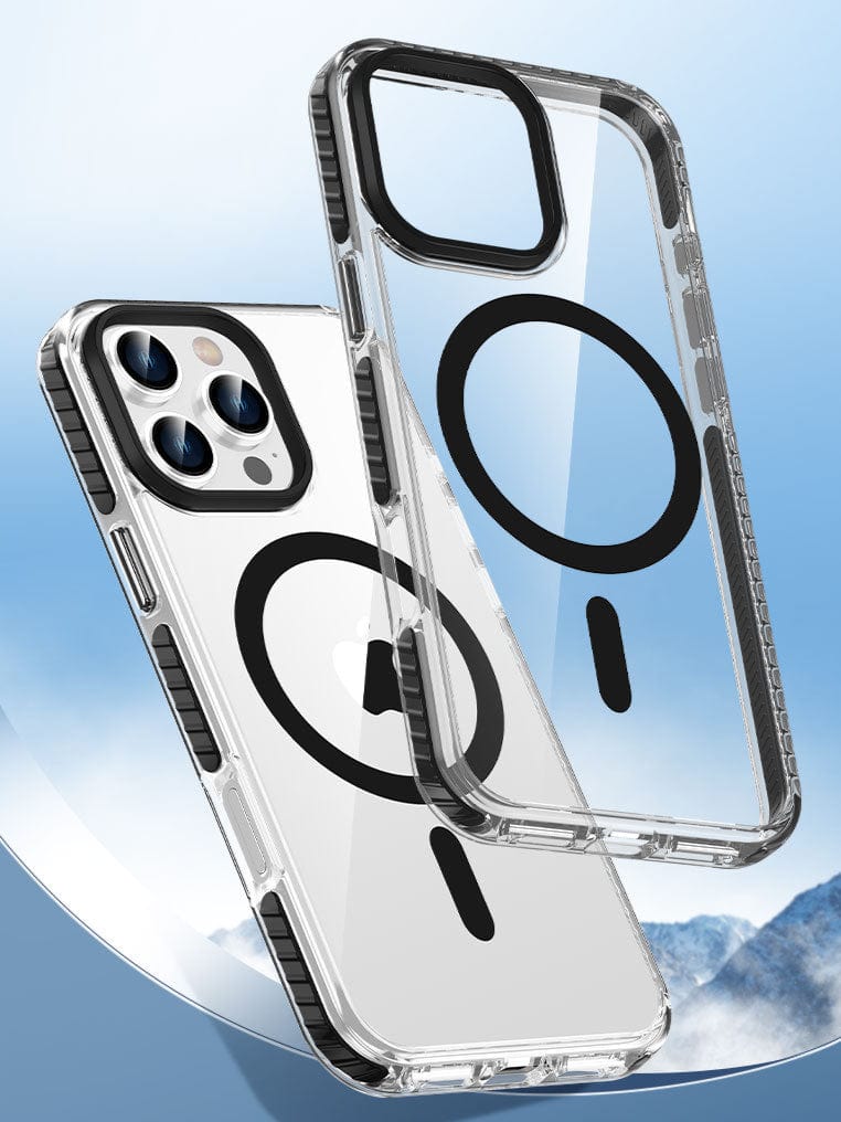 Two clear, shockproof iPhone 16 Pro Max cases with air cushion corners, TPU+PC material, and black circular magnets designed for MagSafe, displayed against a light blue background with faint mountain imagery.