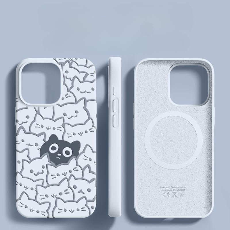 Introducing the iPhone 16 Pro Max Cute Cat Pattern Case: a liquid silicone cover featuring a charming design of white cat faces with one standout black cat, displayed across the front, side, and back. With triple-layer shockproof protection, this anti-dust and washable case ensures your phone stays both safe and stylish.