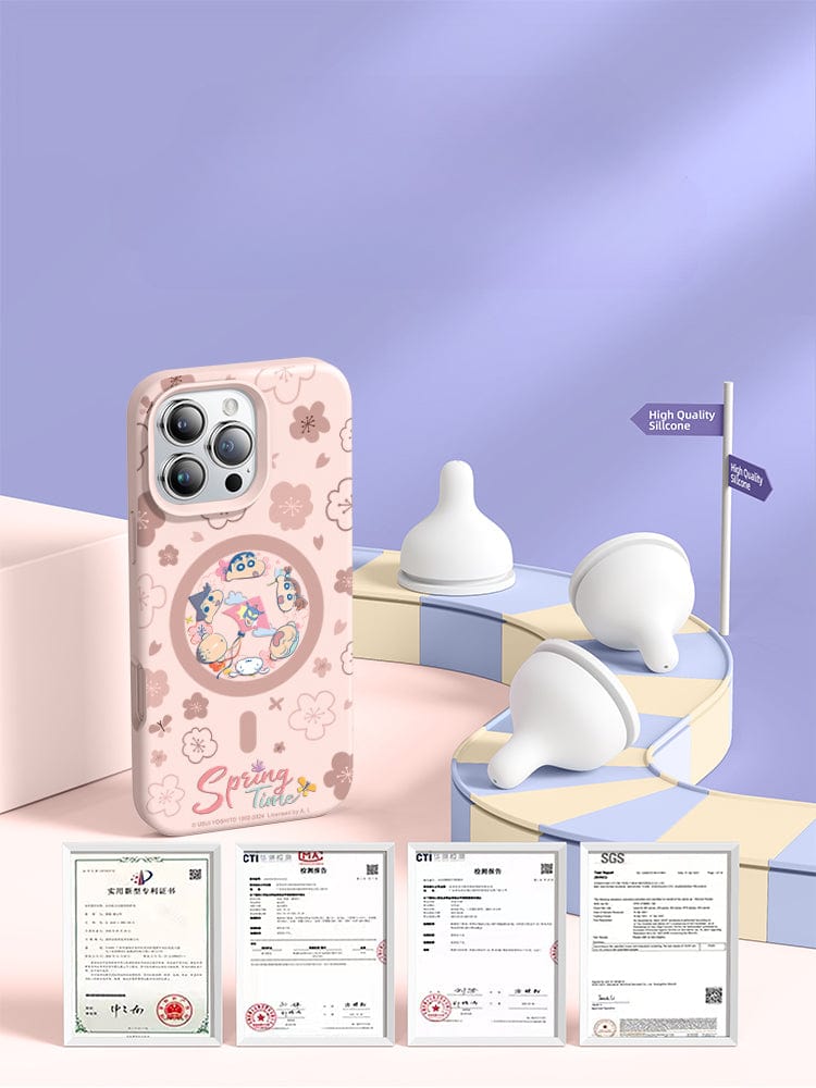 A smartphone in an iPhone 16 Pro Max Case, featuring a spring-themed cartoon design with shockproof protection and an anti-yellowing coating, is next to three baby bottle nipples labeled "High Quality Silicone." Four certification documents are displayed in front.