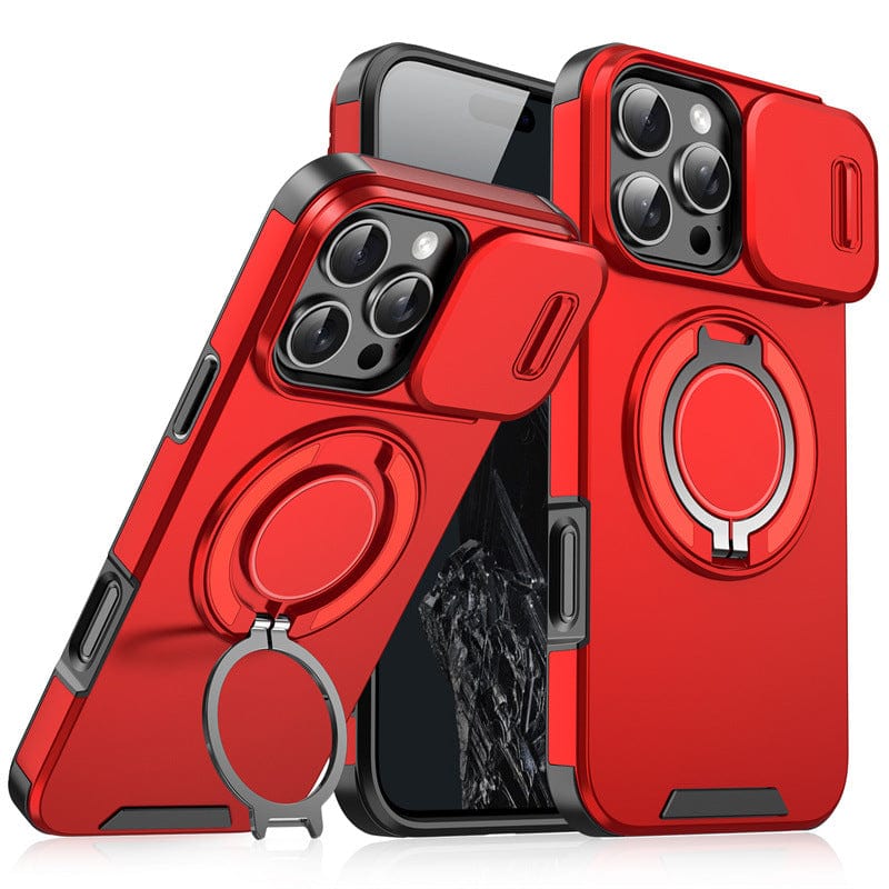 Two red iPhone 16 Pro Max cases with sliding camera covers, invisible stands, and shockproof airbag protection. One case is shown with a phone inside, displaying the front screen, while the other case is empty, showing the back. Both cases are MagSafe compatible for effortless charging and accessory attachment.