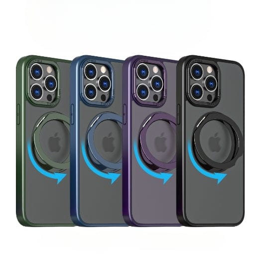 Four iPhone 16 Pro Max devices, each encased in shockproof cases with attached MagSafe-compatible 360° rotating stands, are displayed in a row in green, blue, purple, and black.