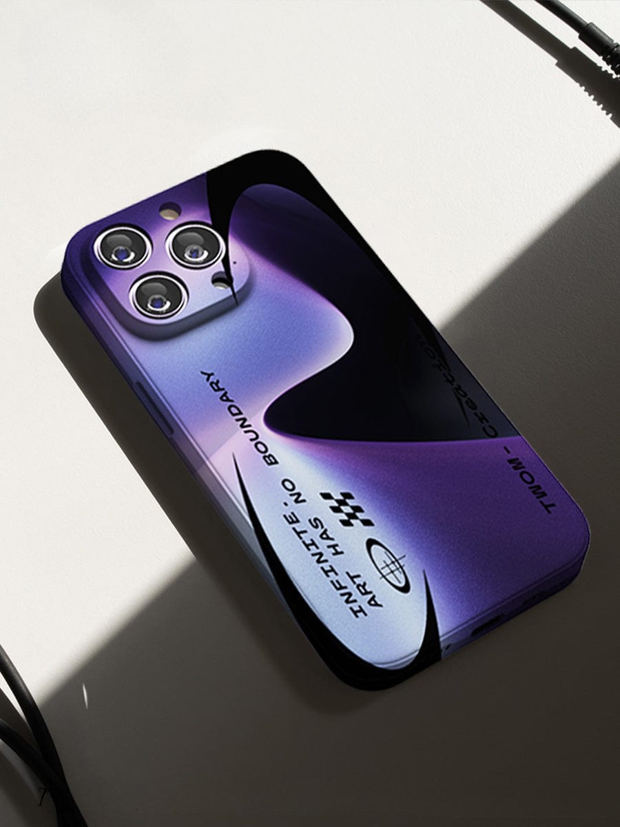 Infinite Art iPhone 16 Pro Max Case | Futuristic Gradient Design in purple and black with the text "INTERSTATE NO BOUNDARY" and a sleek graphic.