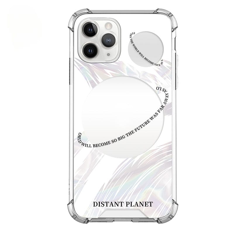 The Futuristic Distant Planet iPhone 16 Pro Max Case - Sleek and Protective showcases a clear design with a reflective, iridescent finish. It features circular cutouts surrounded by text, an inspirational message, and technical details like "01.5F". The brand "Distant Planet" is elegantly printed at the bottom of the case.