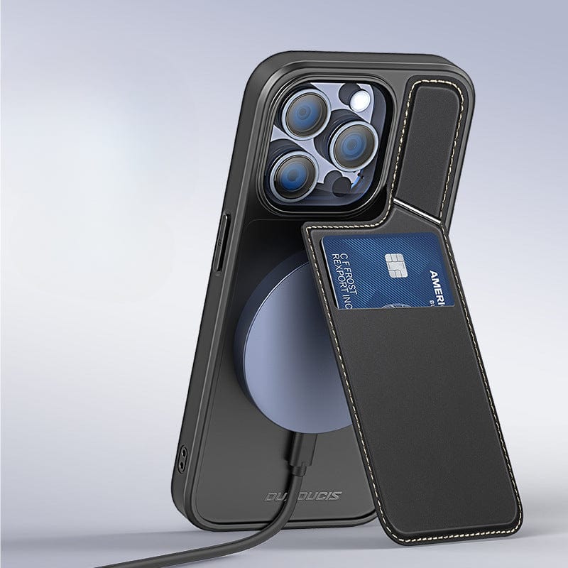 A sleek iPhone 16 Pro Max case, the Full-Coverage Leather Business Case with MagSafe, in black, featuring a four-lens camera setup. It includes a card holder pocket that holds one card and comes with a circular charging pad connected via cable.