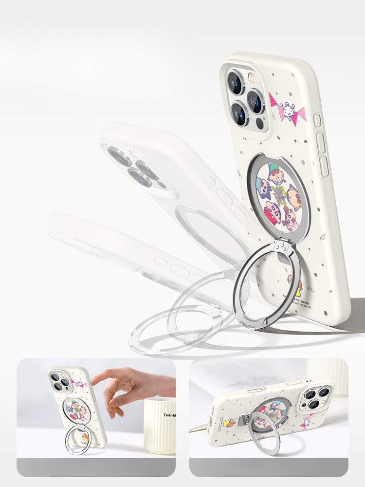 An iPhone 16 Pro Max Cartoon MagSafe Case in white showcases a circular MagSafe-compatible ring stand adorned with cartoon characters. Below, two close-ups demonstrate the high-quality liquid silicone stand in use as a grip and as a phone stand on various surfaces.