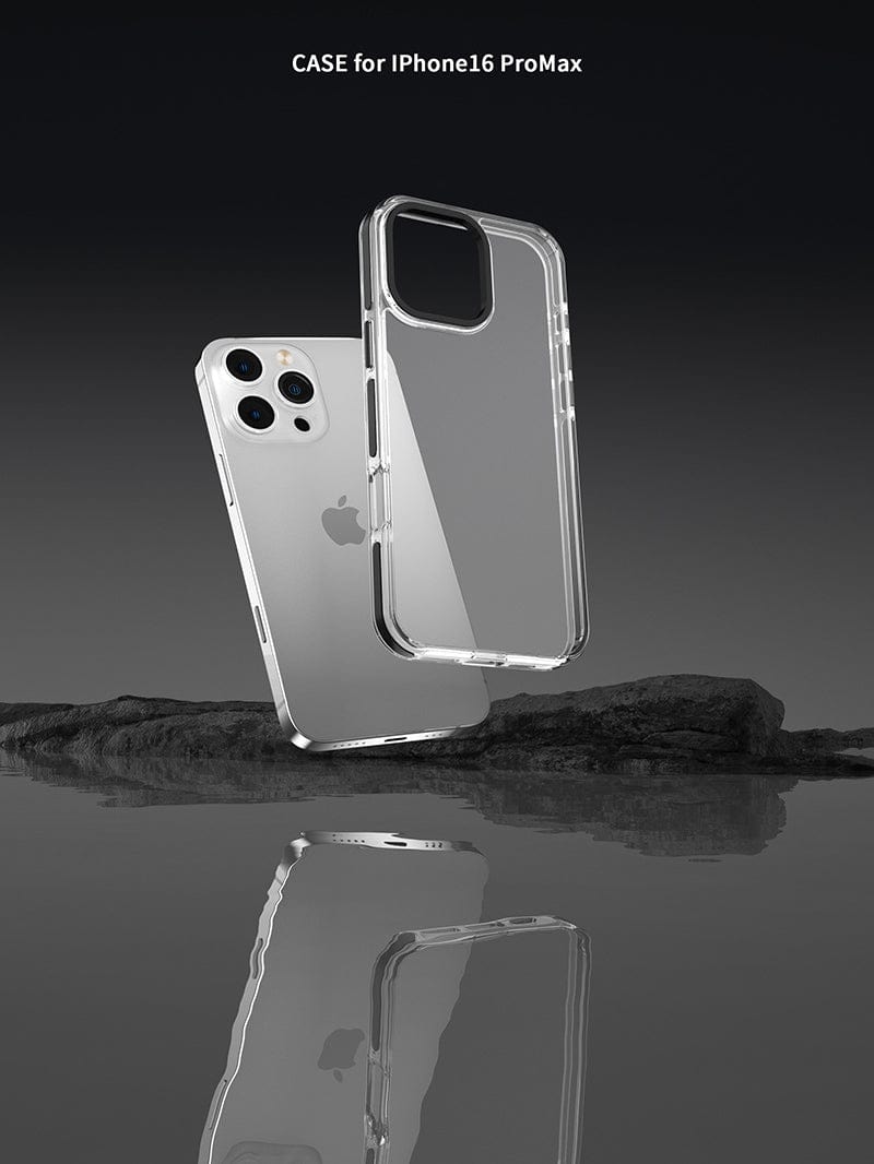 iPhone 16 Pro Max Clear Case with TPU Bumper, featuring dual-layer protection and a transparent PC back cover, displayed against a reflective surface with a black background.