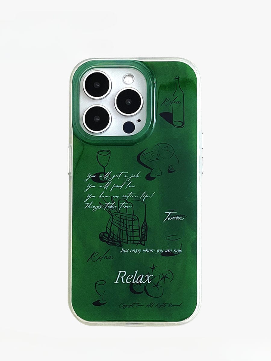 A Relax Green iPhone 16 Pro Max Case with engraved text saying "Relax" and featuring various illustrations, such as wine glasses, a bottle, and a chair. This all-inclusive protective cover is designed for an iPhone 16 Pro Max with three back cameras.