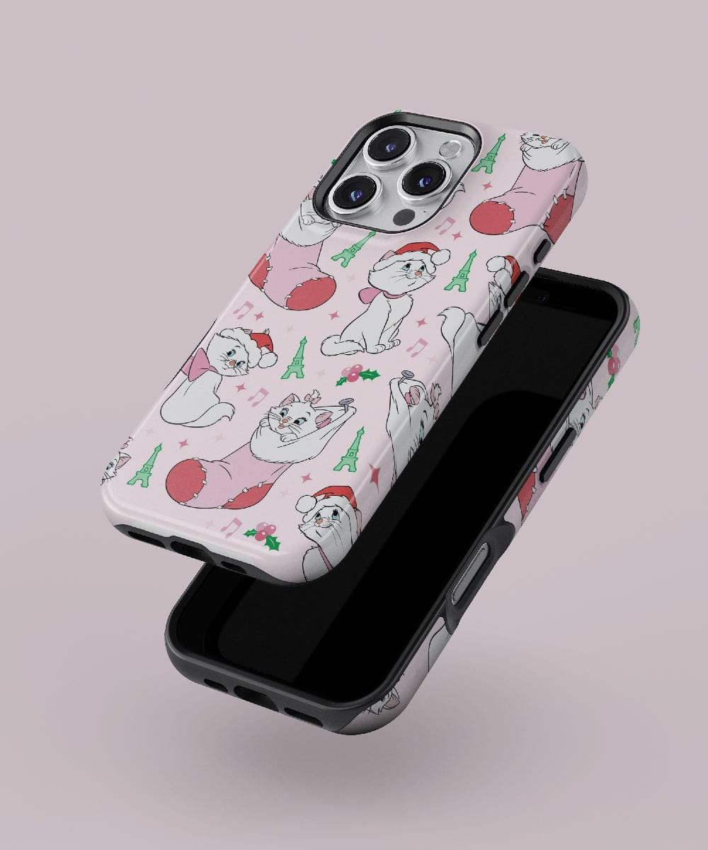 Two iPhone 16 Pro Max cases showcase a charming design of festive cats and Eiffel Tower accents on a pink background. MagSafe-compatible for seamless charging, these cases add a Parisian touch to your daily accessories.