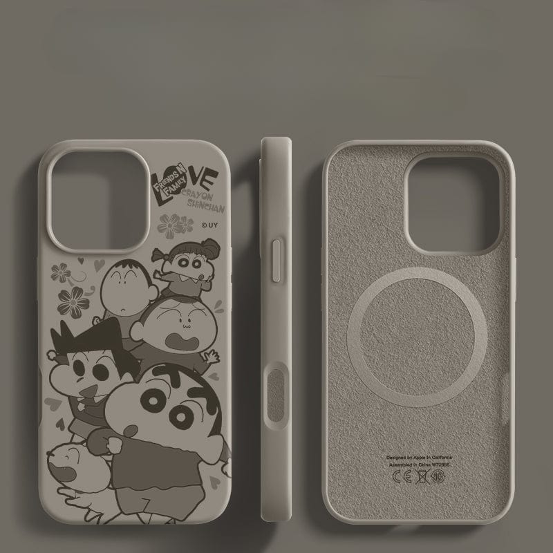 Three images of the iPhone 16 Pro Max Crayon Shinchan Friends Case in Grey: one front view featuring the playful cartoon characters, one side view showing the button openings, and one back view with a circular design and product labels. This vibrant liquid silicone case offers durable protection, is shockproof and anti-fingerprint, and boasts a soft-touch finish.