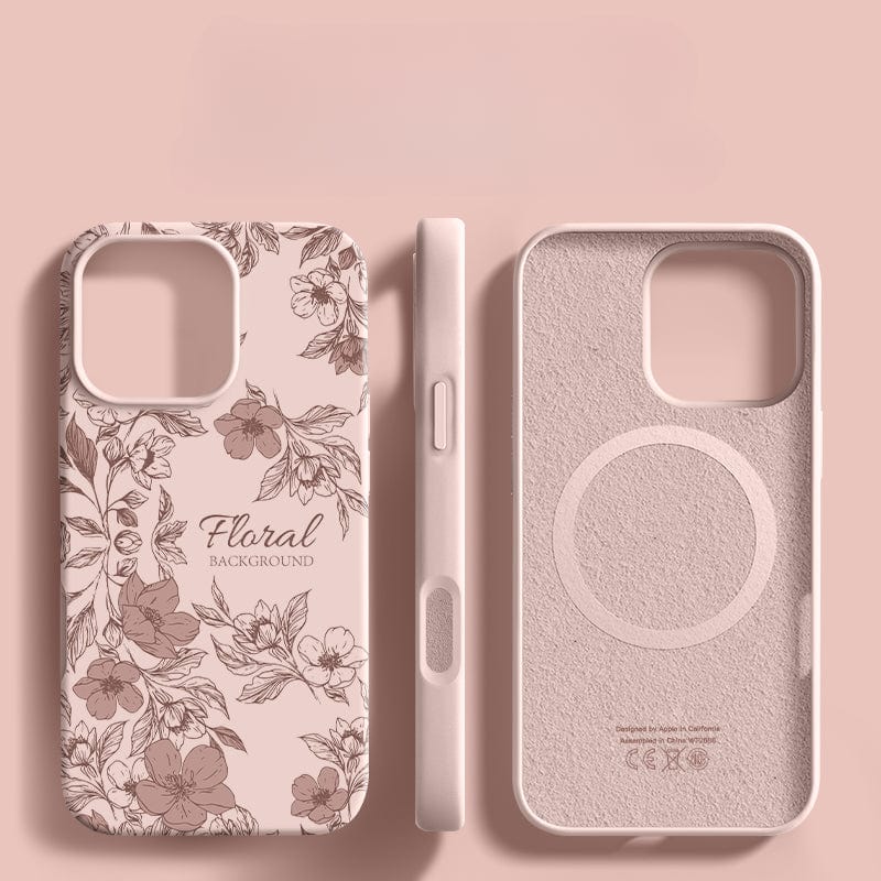 Three views of the iPhone 16 Pro Max Case - Floral Silicone Protective Cover with Shockproof Triple-Layer Design and Anti-Fingerprint Coating are shown: front, side, and interior. The case features a beige floral pattern, a camera cutout, MagSafe compatibility, and offers 360° protection.