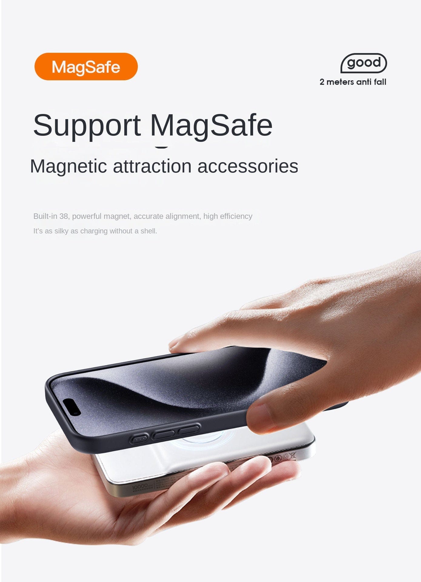 A person hands an Ultrathin Kevlar MagSafe iPhone 16 Pro Max Case to another. This sleek and durable case, available with 1500D and 600D textures, features magnetic attraction accessories, a built-in magnet for accurate alignment, high efficiency, and highlights the anti-fall feature.