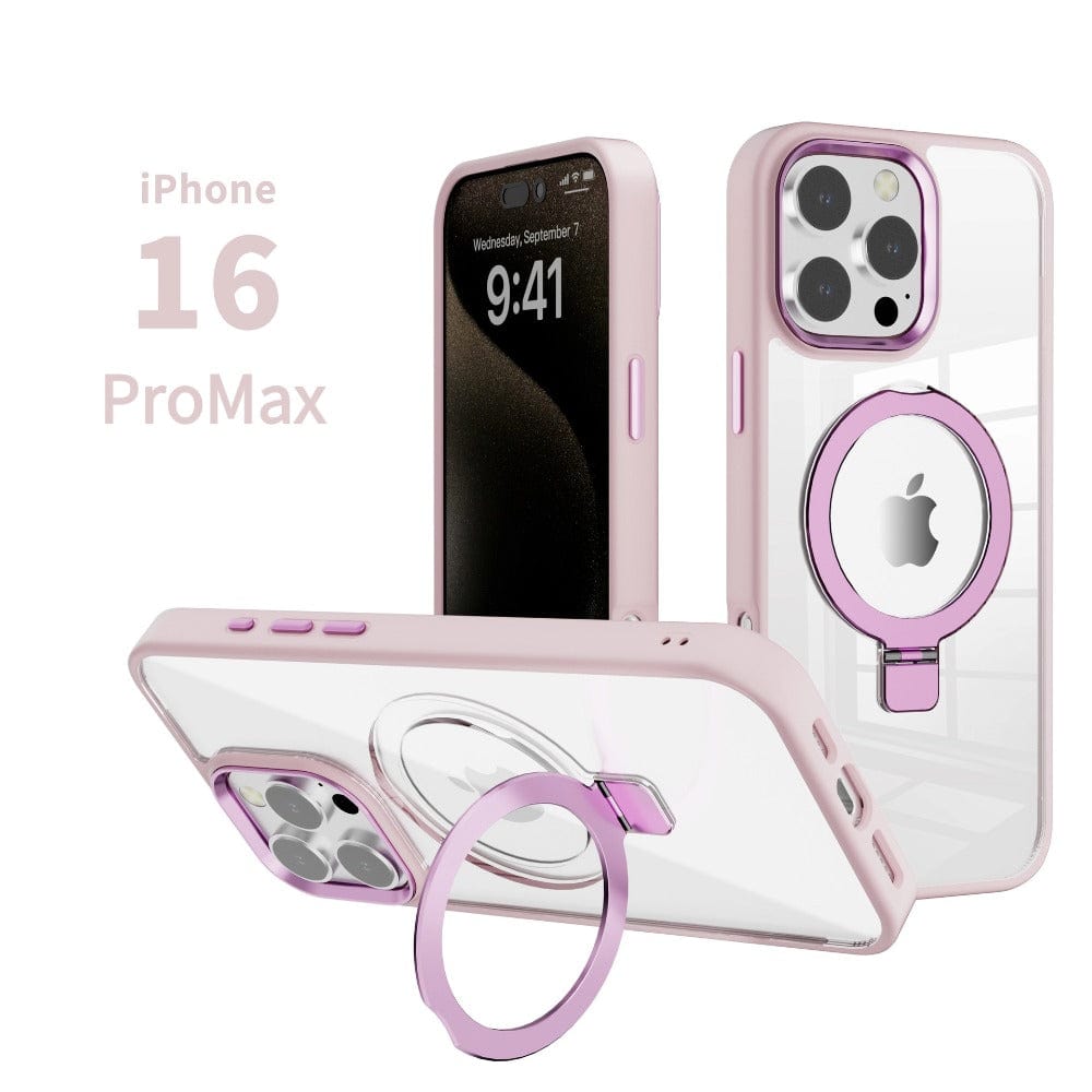 iPhone 16 ProMax with a pink iPhone 16 Pro Max Case with Ring Holder, MagSafe Compatible, featuring a TPU bumper and clear back cover, shown from various angles.