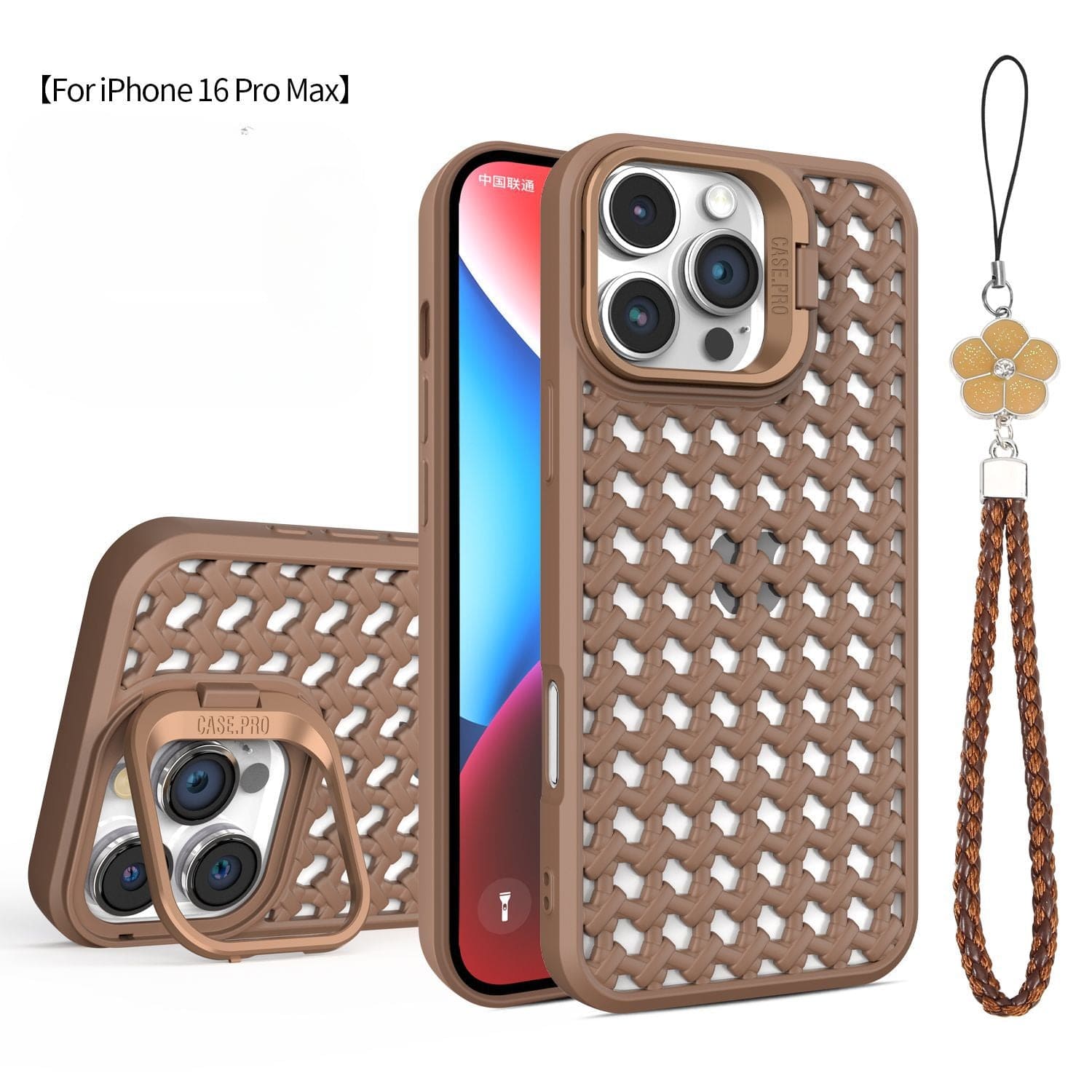 Description: Breathable Mesh iPhone 16 Pro Max TPU material case set, featuring a built-in camera stand and a shockproof design with a detachable wrist strap adorned with a flower charm.