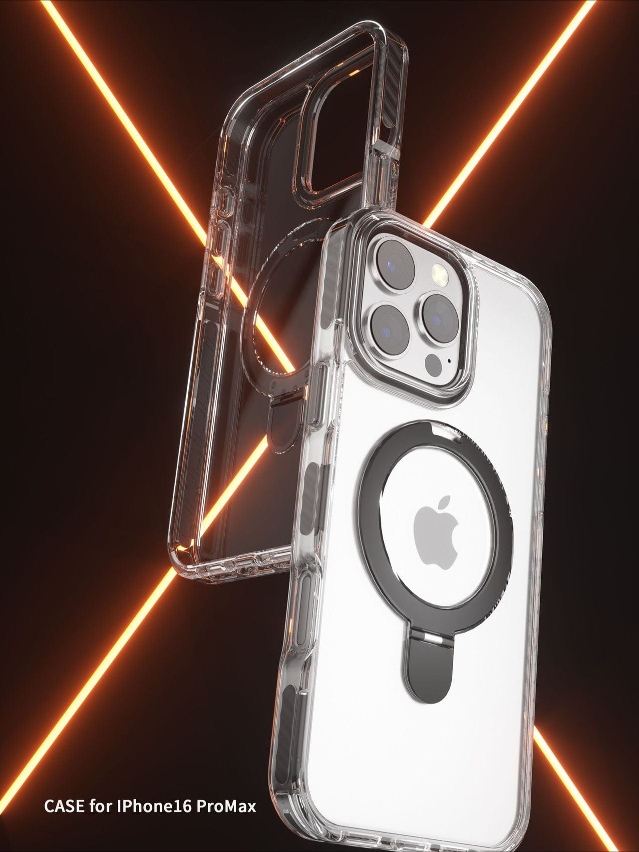 An iPhone 16 Pro Max Clear Case with Ring Holder showcased against a backdrop of intersecting orange neon lines, highlighting its MagSafe compatibility and high-gloss finish. The text reads "CASE for iPhone 16 Pro Max.