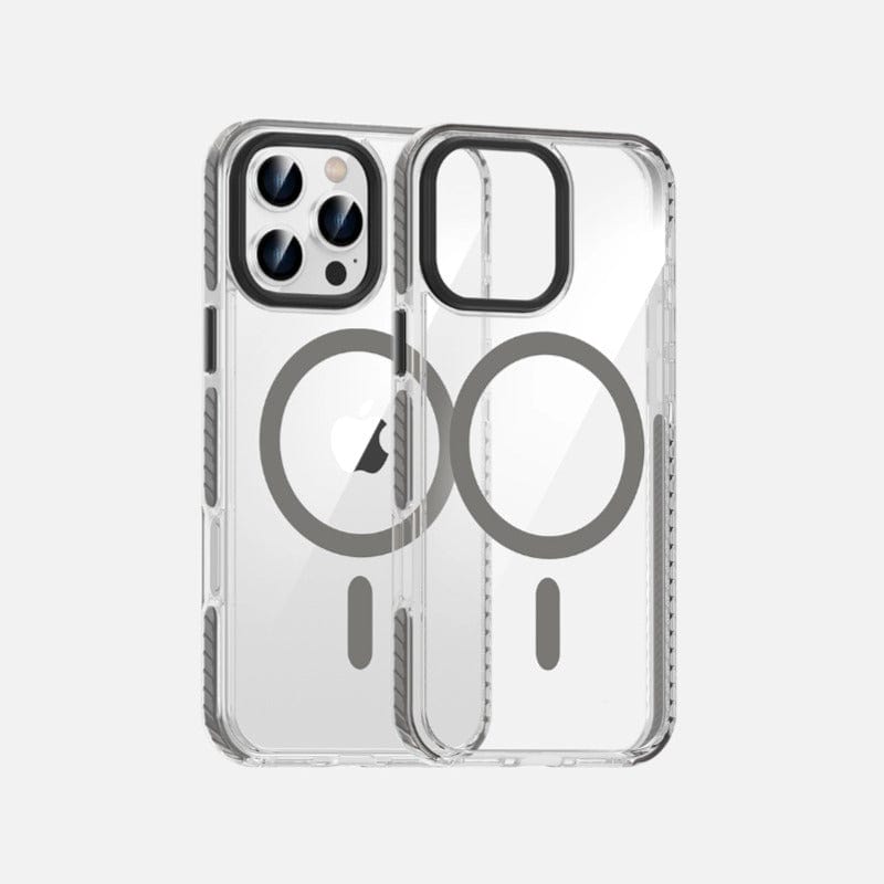 Two iPhone 16 Pro Max Clear MagSafe Cases - Shockproof with Air Cushion Corners, TPU+PC Material, and Metal Buttons are shown—one displaying the rear view of an iPhone with a magnetic alignment ring, and the other one without a phone.