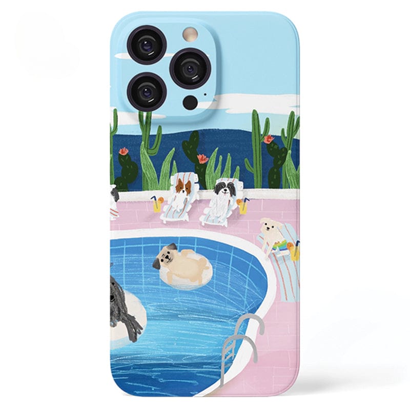 An iPhone 16 Pro Max Case with Relaxing Poolside Dogs - Cute and Protective features a whimsical illustration of four dogs lounging by a pool. Three dogs are lying on sun loungers, while another dog is floating in the pool. The background includes cactus plants and a clear blue sky.