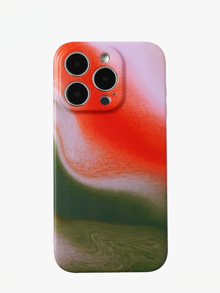 A smartphone with a Sunset Swirl iPhone 16 Pro Max case features an abstract gradient design in a mix of red, green, and white colors. This stylish all-inclusive protective cover accommodates three camera lenses and a flash at the top left corner.