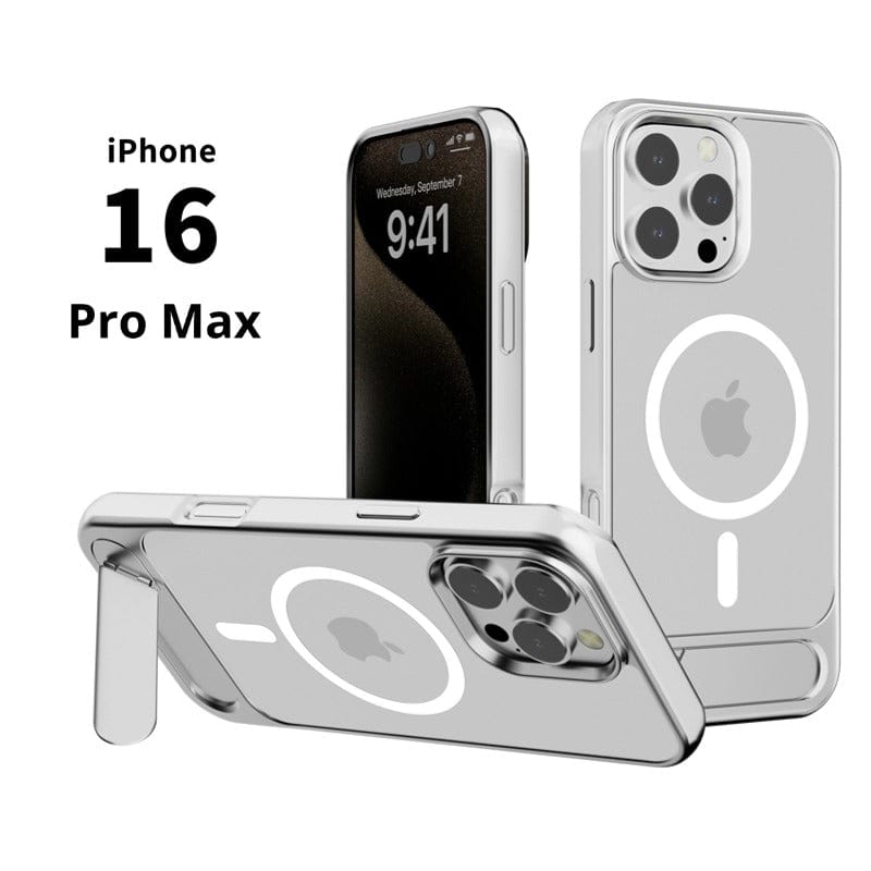 Image of three iPhone 16 Pro Max devices, showcasing front and back views, with one phone lying flat and another standing on a built-in kickstand. The screen displays the time 9:41, while each phone is protected by a sleek MagSafe Compatible iPhone 16 Pro Max Case with Kickstand | Slim Protective Cover | Multiple Colors | Magnetic Adsorption.