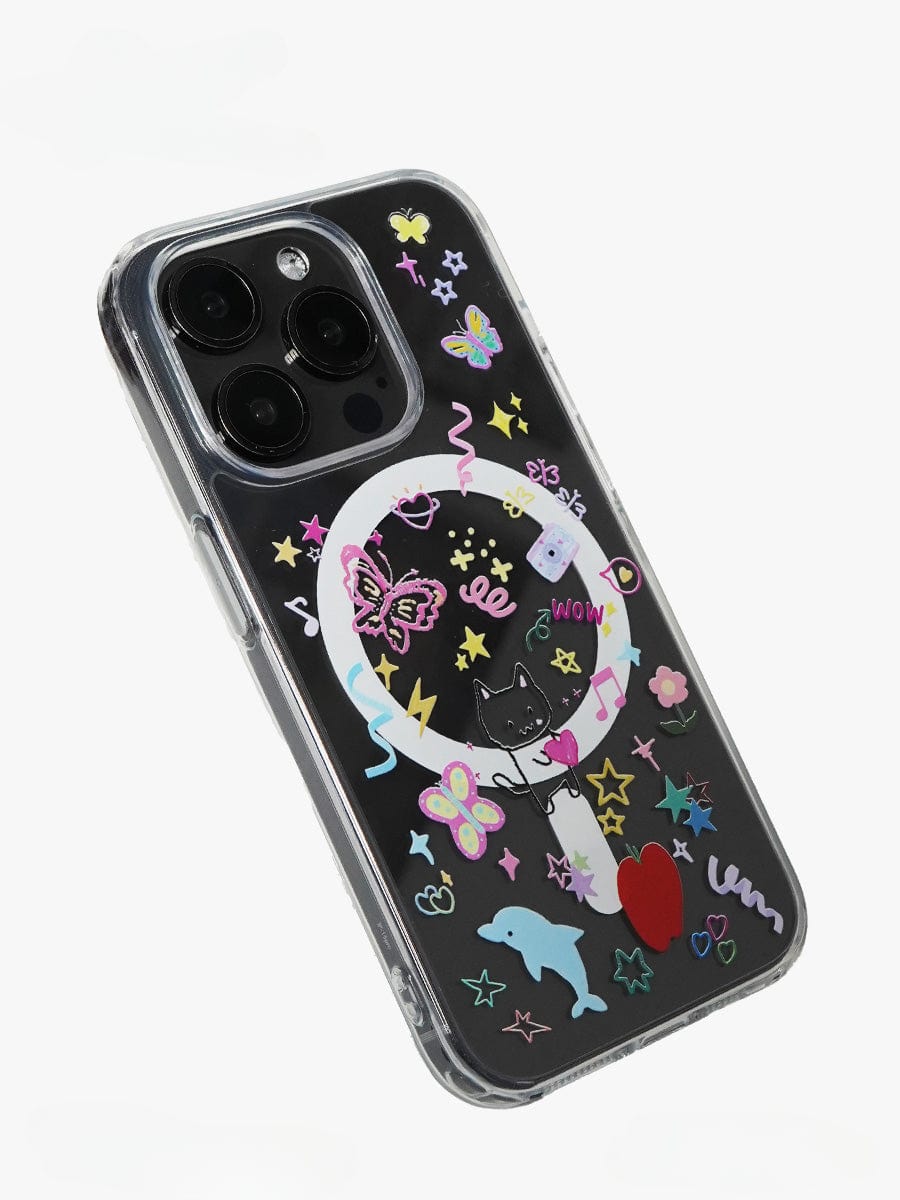 Introducing the Whimsical Dreams MagSafe iPhone 16 Pro Max Case—a transparent, all-inclusive protective cover adorned with colorful stickers featuring a heart, dolphin, cat, butterfly, lightning bolt, and stars. The phone's three camera lenses remain visible against the black back.