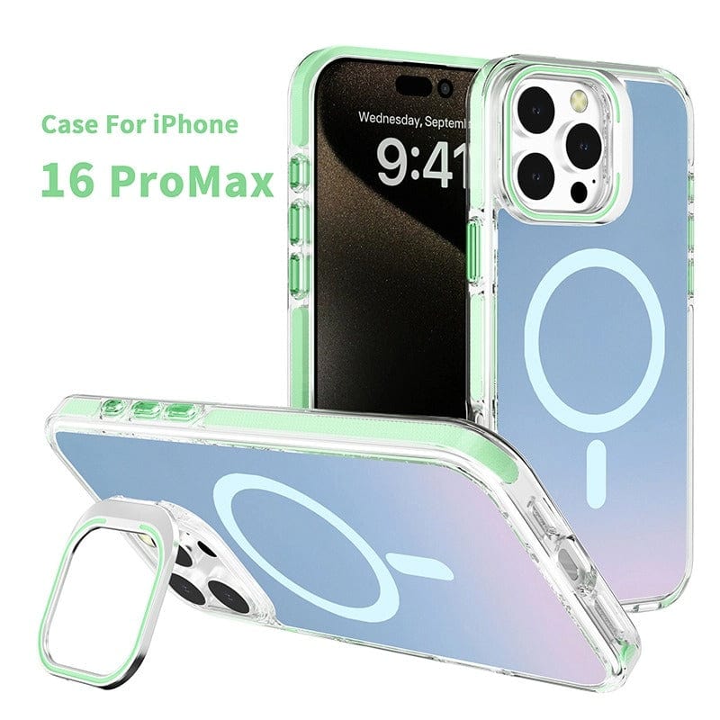 Clear iPhone 16 Pro Max case with an iridescent finish, designed with a colorful TPU bumper and MagSafe-compatible back for superior protection.