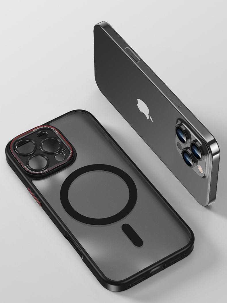 A silver smartphone with three rear cameras is shown beside a sleek MagSafe Compatible iPhone 16 Pro Max Case, featuring a matte finish, TPU+PC material, metal camera ring and buttons, and offering shockproof and anti-fingerprint protection.