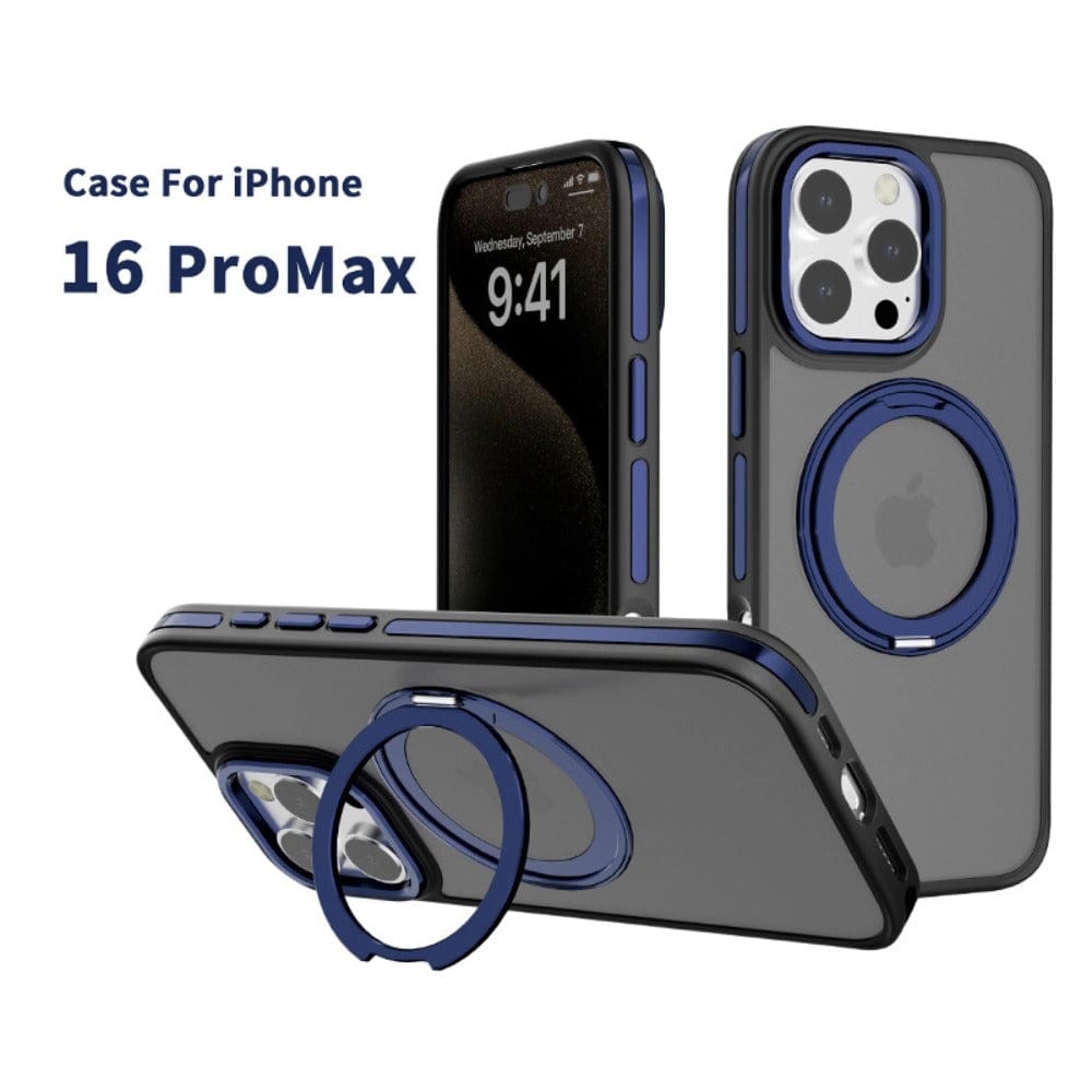 Matte finish iPhone 16 Pro Max cases with dark frames and blue accents, featuring a rotating magnetic ring holder, shown from multiple angles. Text reads "Matte Finish iPhone 16 Pro Max Case | MagSafe Compatible | Shockproof Protective Cover.