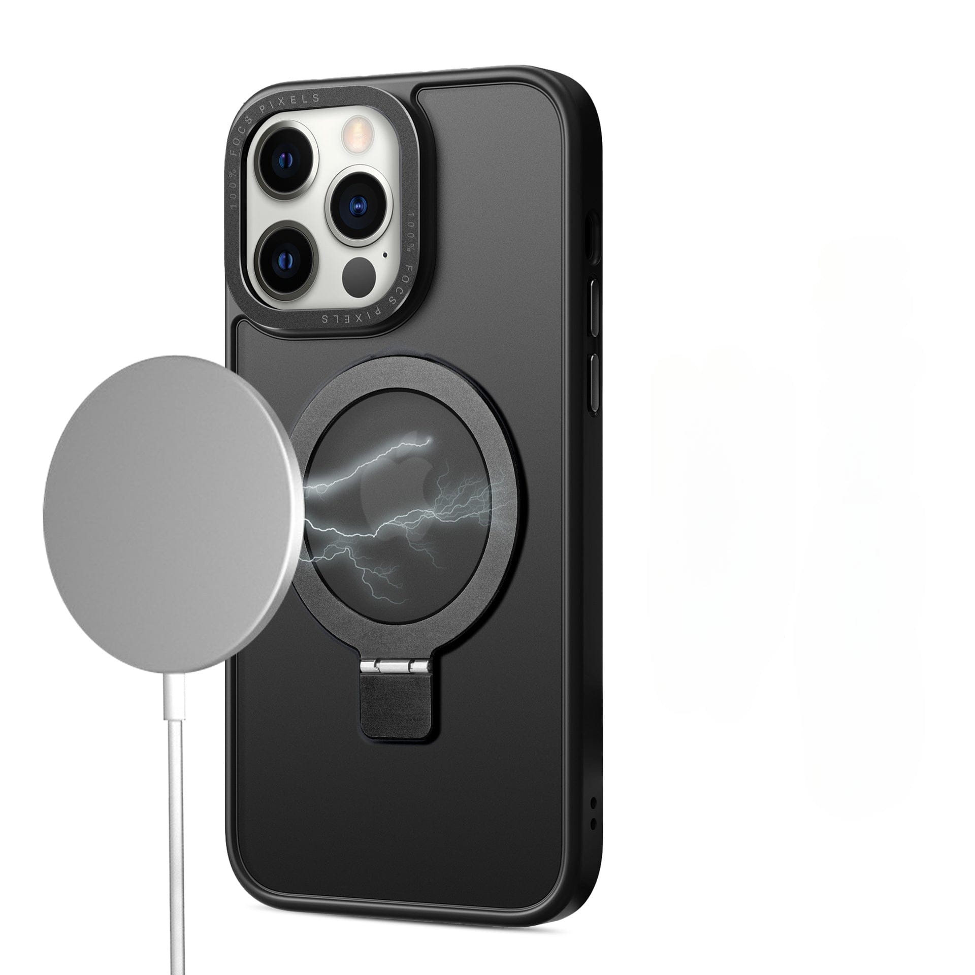 A black smartphone with multiple rear cameras is displayed with a circular device attached to the back, accompanied by a white charging cable and round charging pad, all neatly nestled into the MagSafe iPhone 16 Pro Max Case with Ring Stand - featuring a soft-touch finish, TPU+PC material, metal camera frame, and anti-slip design.