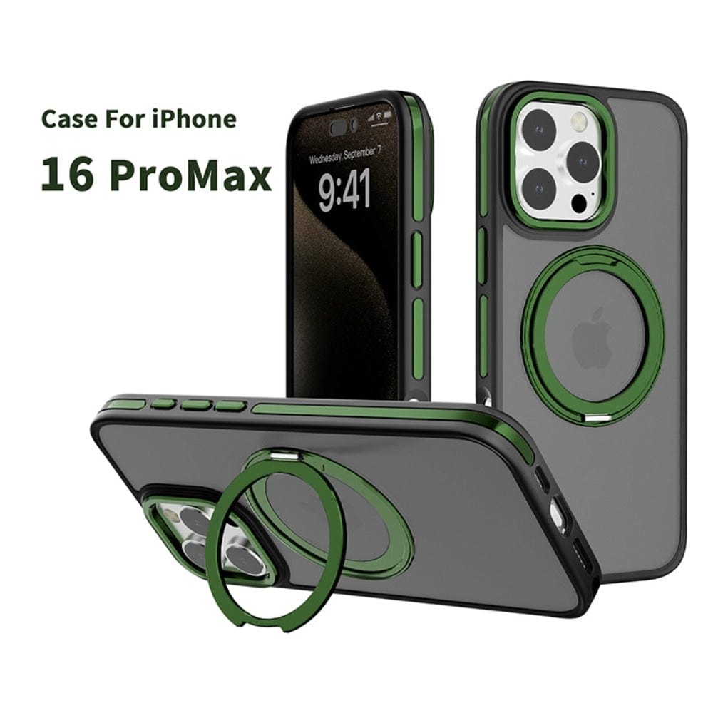 Visual showing a Matte Finish iPhone 16 Pro Max Case with Rotating Ring Holder featuring a green-ringed kickstand and alignment tools. The phone screen displays the date as Wednesday, September 7th at 9:41 AM.