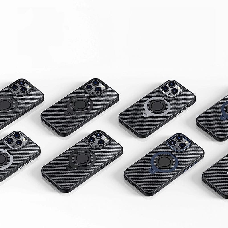 A collection of iPhone 16 Pro Max Military-Grade Cases with MagSafe are arranged on a white surface. Each case, featuring a carbon fiber finish and circular holders, offers dual military-grade protection and comes with a 360° rotating kickstand for added convenience.