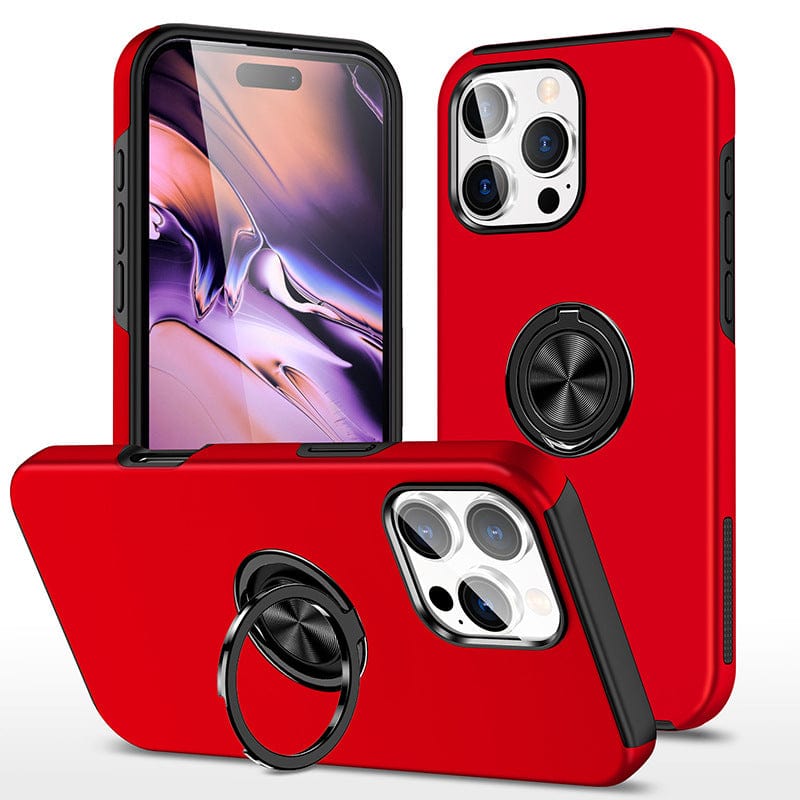 iPhone 16 Pro Max Case with a 360° rotating ring stand is showcased on a phone. The back features a lens cutout for triple cameras, while the front displays the phone screen adorned with a colorful abstract design. The dual-layer protection of this shockproof case ensures both durability and style, offering full camera protection.