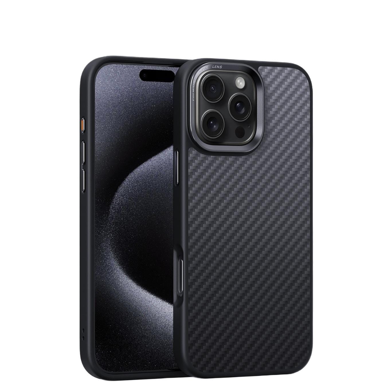 iPhone 16 Pro Max, encased in a Kevlar fiber case that's ultra-slim and 38-Magnet MagSafe compatible, featuring premium camera protection with multiple rear cameras, standing upright on a white background with the screen turned off.