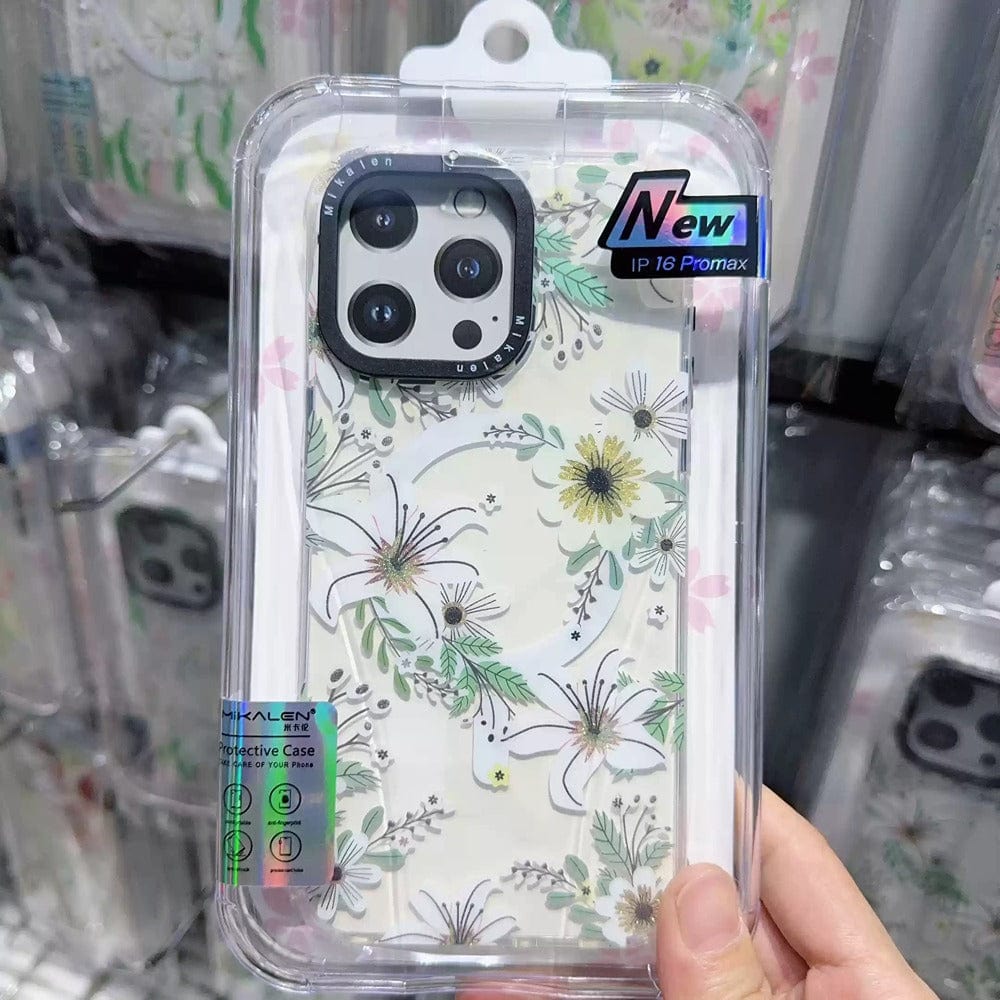 A hand holds a Floral MagSafe iPhone 16 Pro Max Case, featuring a clear shockproof cover with a 3D flower design and camera cutout, packaged as "New" and noted for its TPU + PC protective shell.